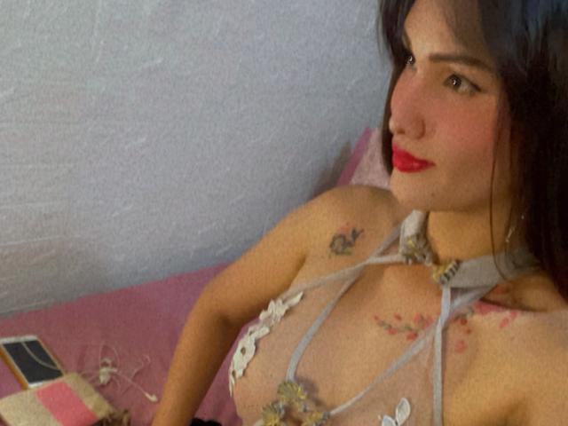 TsNaughtMiss69, avec ses cheveux foncés, son rouge à lèvres rouge et ses tatouages, porte un haut gris transparent à encolure américaine, laissant entrevoir ses seins ornés de broderies florales, et est allongée sur un lit rose avec un téléphone..