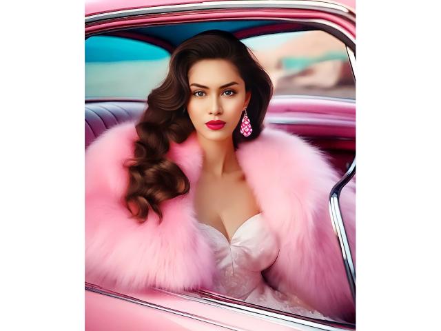 MaddisonAderson, avec un manteau en fourrure rose, de grandes seins et du rouge à lèvres rouge, assise dans une voiture rose, portant des boucles d'oreilles roses, de longs cheveux bruns et une robe blanche, a l'air sexy. Art numérique..