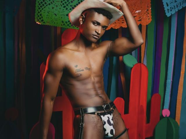 JamesMakony, shirtless, wearing a cowboy hat, black leather straps, and a cow print speedo, standing with a muscular build, tattoos on chest, and a confident, sexy look.
