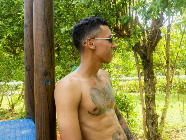 Shirtless ElChicletv with tattoos on chest and arm, standing against wooden post, wearing glasses, looking to the right, in sunny green garden. ElChicletv has a medium build and short black hair.