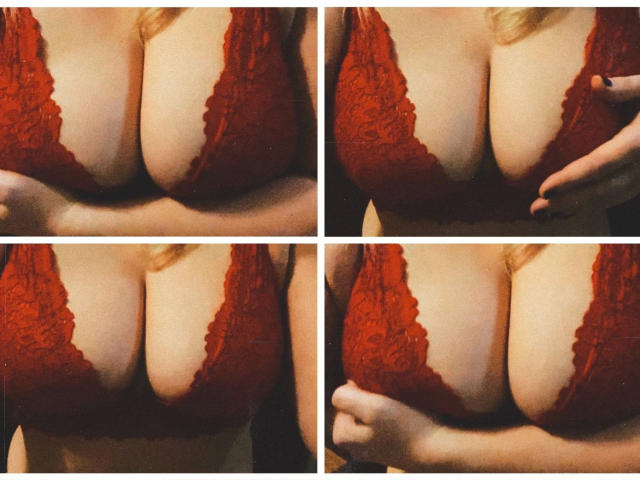 LiesaBDSM-hot's big, red lace braed boobs are shown in four different close-ups. She's touching her right boob with her right hand in the bottom right image.