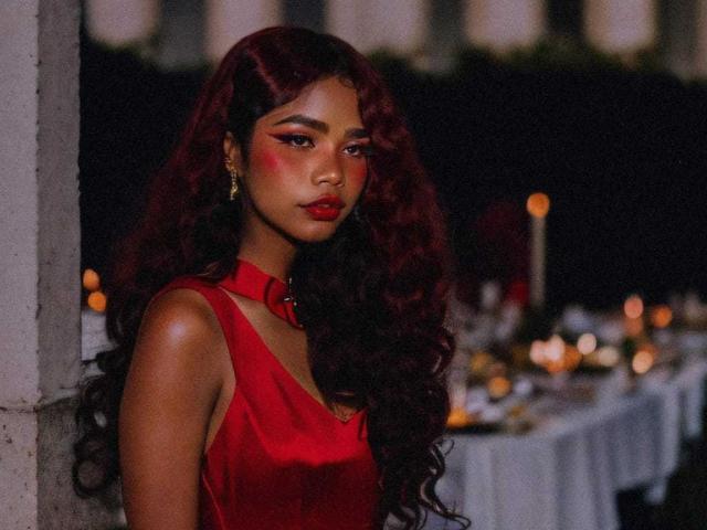 AnniieeBell with long, wavy red hair, red lipstick, and red dress, standing by a white pillar, wearing gold earrings, looking down with a serious expression.