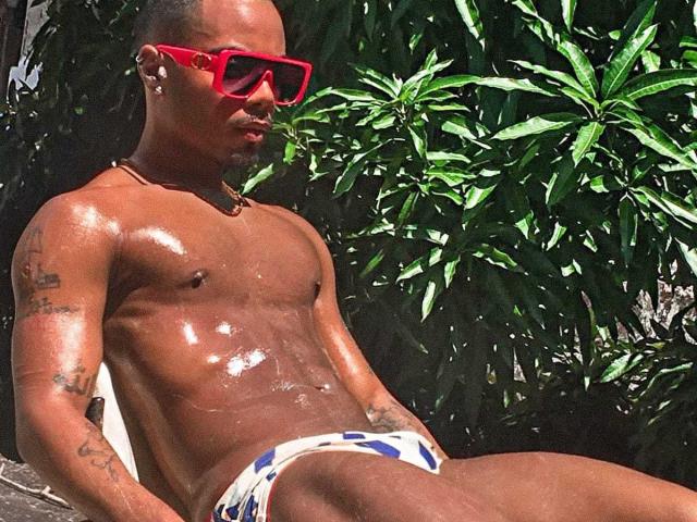 BaianoDotado with shiny, oiled-up, dark brown skin, wearing red sunglasses, blue and white patterned speedo, tattoos on arm, gold necklace, sitting against green leafy background.