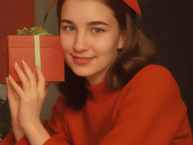 UBabyGilly with red sweater, holding red gift box, green ribbon, and red headband, smiling, brown wavy hair, blue eyes, fair skin, cute, soft lighting, warm tone.