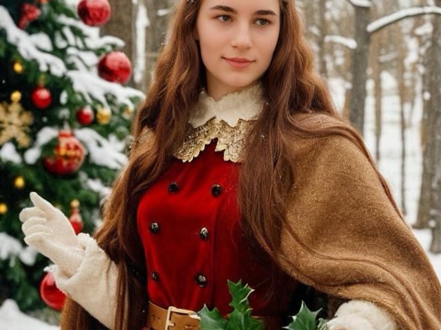 UBabyGilly ha lunghi capelli castani, indossa un cappotto rosso con due bottoni e pizzo dorato, un mantello marrone, guanti bianchi e tiene in mano del vischio, in piedi di fronte a un albero di Natale decorato..