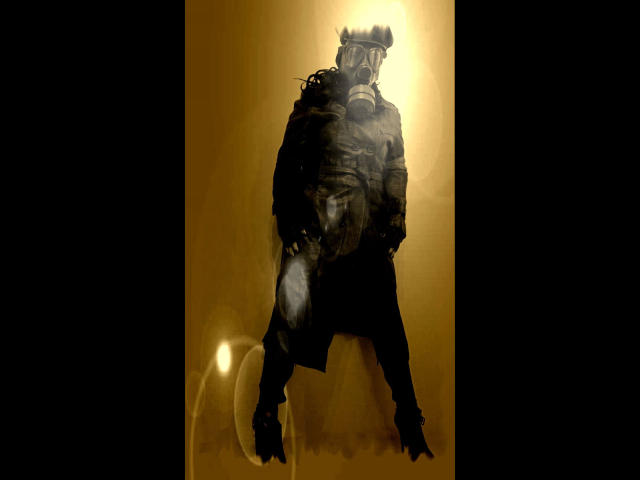 KatarinaArsch-hot in dark, bulky armor with a gas mask, standing against a glowing yellow-orange background. Visible breath, hooded, boots, and a high-contrast silhouette.
