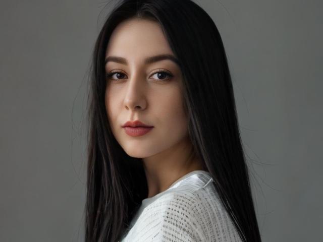 MabyLegrand has long black hair, light skin, and brown eyes. She's wearing a white knit top, looking straight at the camera with a slight, confident smile.