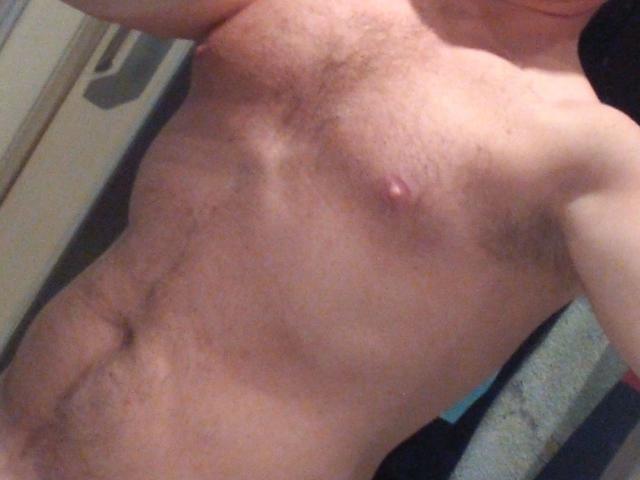 SPIKI-hot's bare, hairy chest with small, pink nipples and a slightly visible, flaccid, uncircumcised penis. Tan skin, slightly muscular, and a small belly button.