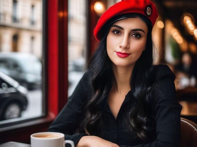 Julia Robinson, con cabello negro largo, un gorro rojo, una camisa negra y lápiz labial rojo, sentada en un café, sosteniendo una taza de café blanca, mirando directamente a la cámara..