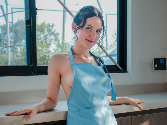 ChloeDulce, con una leggera scollatura, indossa un grembiule blu, appoggiata a un bancone della cucina, sorride alla fotocamera, luce solare che entra dalla finestra, capelli castani, look casual, carina, sexy..