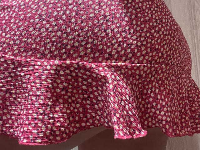 Barbarica's red and white patterned skirt with a flirty, ruffled bottom is caught in sunlight, showing the textured fabric and gentle wave of the skirt.