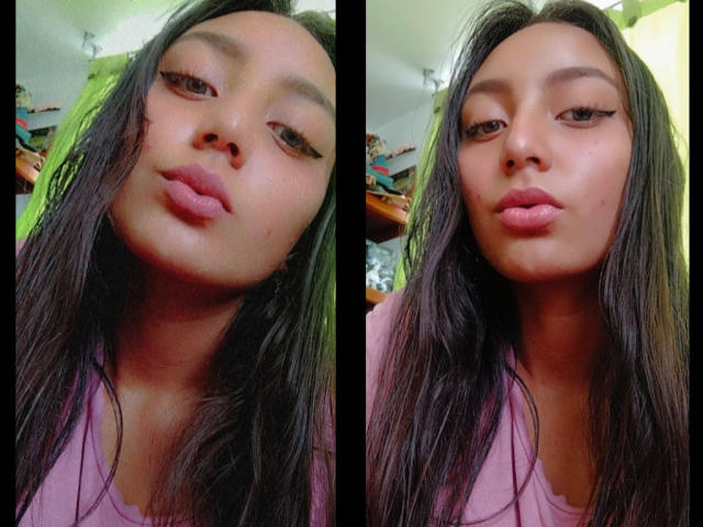 DianaFernandezz with long dark hair, thick eyebrows, and pink lips, wearing a pink shirt, pouting in two side-by-side selfies. Her brown eyes are half-closed in both.