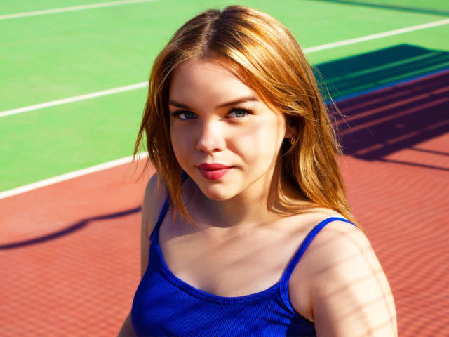 Kira Altman, con i capelli rossi, una canottiera blu e gli occhi verdi, in piedi su un campo da tennis, con la luce del sole che proietta ombre sul suo viso, mostrando il seno e un'espressione carina e sensuale..