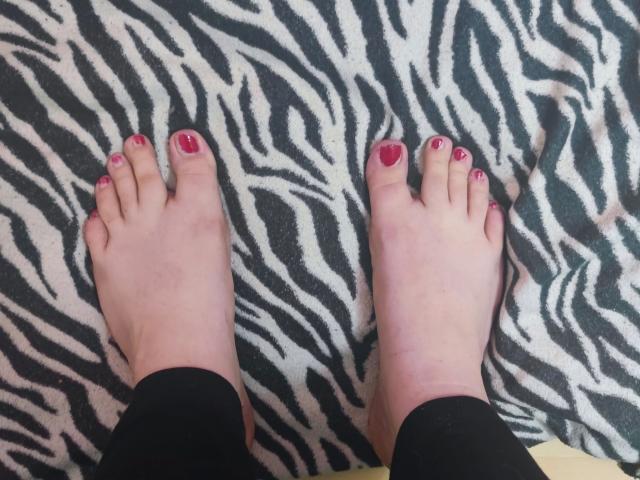 ChubbyBubby-hot's feet with pink-painted toenails on a zebra-patterned blanket. She's wearing black socks that are bunched up around her ankles.
