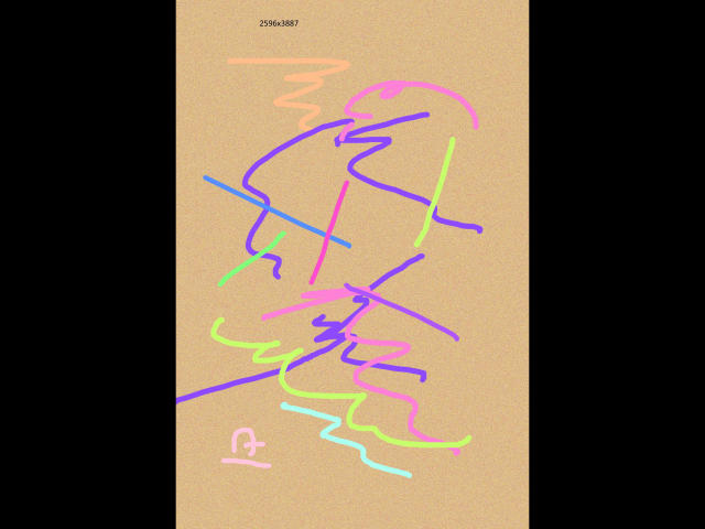 abstract lines on beige paper, featuring pink, purple, green, and blue colors, with a small pink signature in the bottom left corner, by artist zowcaget.