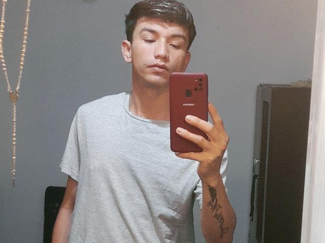 FlacoVergon69, with short brown hair, wearing a gray tee, holding a red iPhone, pouting, showing a tattoo on his right forearm, taking a mirror selfie.