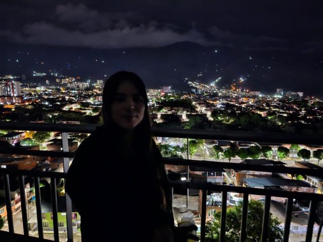 SteffanyTaylor with dark hair, standing on a balcony at night, wearing a dark jacket, smiling slightly, city lights and buildings in the background, visible railing in the foreground.