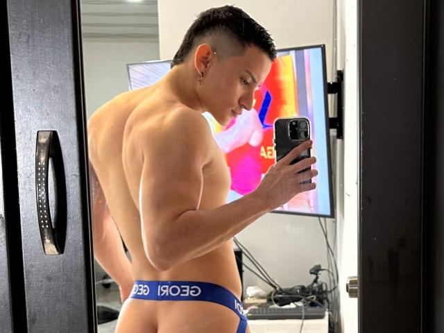 SantiagoXoxo, muscular, shirtless, looking over shoulder, blue HJO underwear, butt visible, holding phone, short black hair, ear piercing, mirror selfie, TV in background.