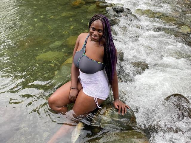 MeganSaenz with dark skin, purple braided hair, sitting in a stream, wearing a gray top and white skirt, showing her tits and ass, smiling. Water and rocks around.