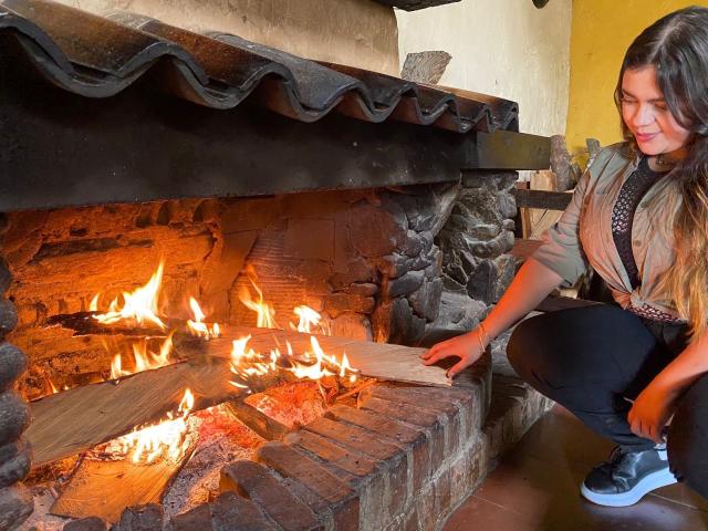 MissSofiia, with long brown hair, crouches by a rustic brick fireplace, smiling, placing a wooden log on the orange flames, wearing a green shirt and black pants.