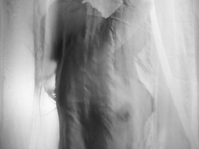 LizHerrera's blurry, black-and-white, translucent figure with soft curves and visible boobs, partially covered by flowing, misty fabric, creating an ethereal, sensual effect.