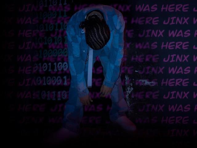 RebelDali69, with braided hair, wearing a blue shirt and pants, bends over, hands on knees, in a dark, neon-pink highlighted setting.