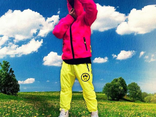 RebelDali69 stands in a grassy field, wearing a bright pink hoodie and neon yellow pants with a smiley face pocket, hands in hoodie, blue sky with white clouds.