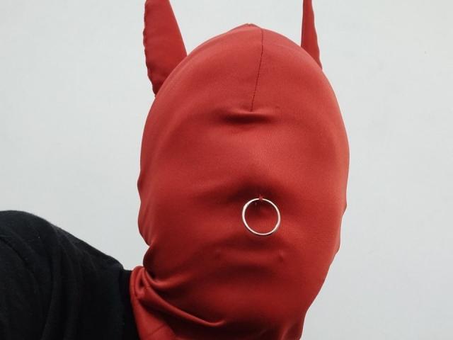 Il viso di AmySpider è coperto da una maschera rossa, aderente, con orecchie appuntite e un anello metallico vicino alla bocca, indossa una maglietta nera, su uno sfondo neutro..