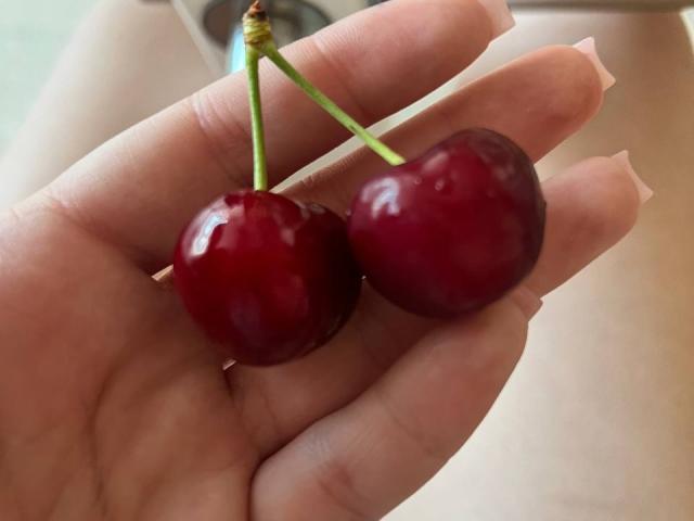 Destinis's hand holds two shiny red cherries with green stems, fingers slightly curved, nails painted white with pink tips, in a close-up shot.