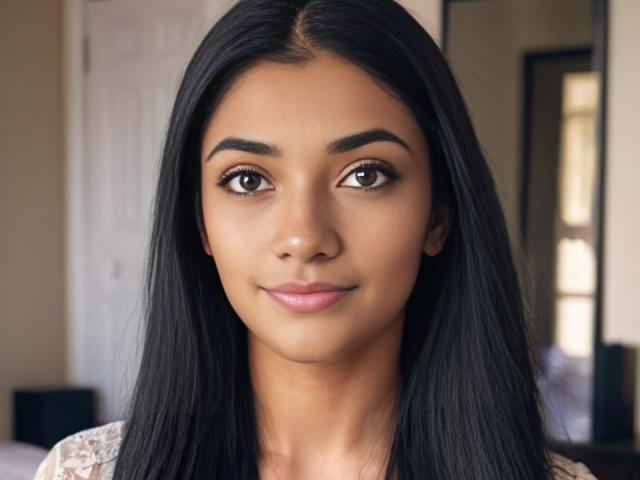 AmberSkylerr tiene una piel marrón lisa, cabello negro largo y ojos marrones con un maquillaje sutil. Está sonriendo ligeramente, mostrando un lápiz labial rosa, con una cara linda y un trasero atractivo..