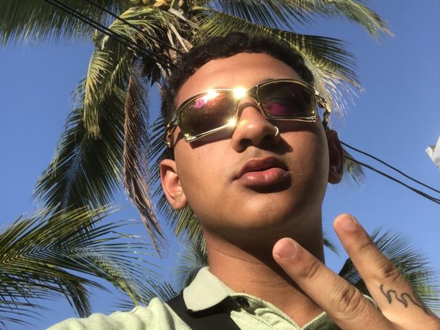 Dekk's face with reflective sunglasses, short curly hair, light green shirt, hand up showing tattoo, palm tree above, clear blue sky, sunlight on face, slightly pouty lips.