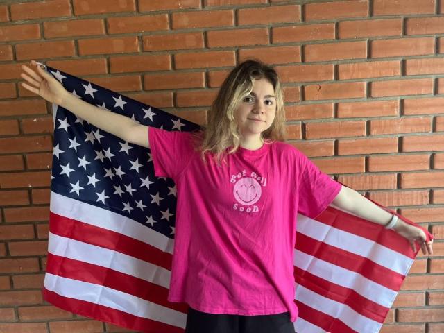 Digital illustration of a red, white, and blue American flag with a bold, blocky design. The flag has a star in the upper left and a stripe in the lower right.