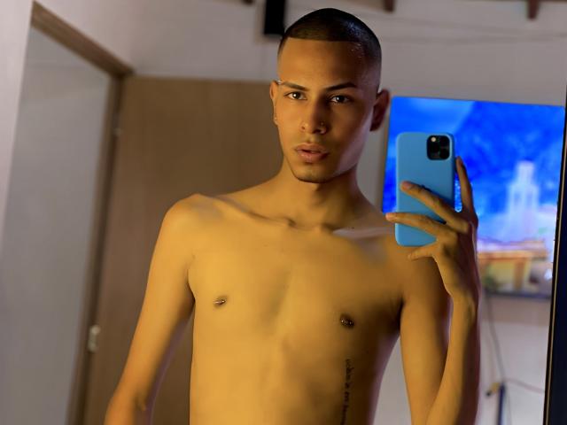 TybelMont, shirtless with a slim build, small nipples, and a tattoo on the right side, holding a blue phone, taking a mirror selfie, short-cropped hair, serious expression.