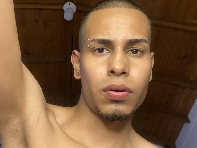 TybelMont, shirtless, with a shaved head, small facial piercing above the right eyebrow, and a slight beard, looking into the camera with a neutral expression, wooden ceiling background.