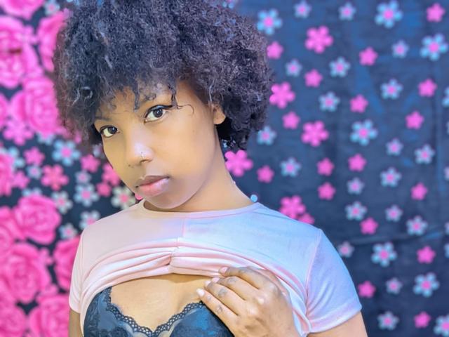 CamillaSexy with curly black hair, lifting pink shirt to show black lace bra, looking at camera, pink and black floral background, medium brown skin, subtle nose ring.