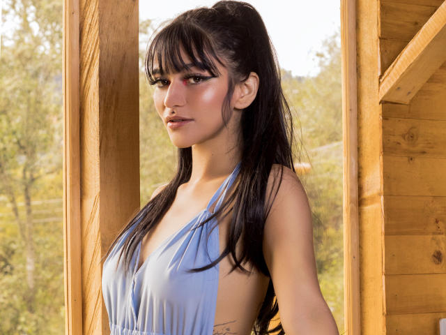 LindaWatsong with dark hair in a ponytail, wearing a low-cut blue dress, showing sideboob, standing in a wooden structure, looking to the side with a serious expression.