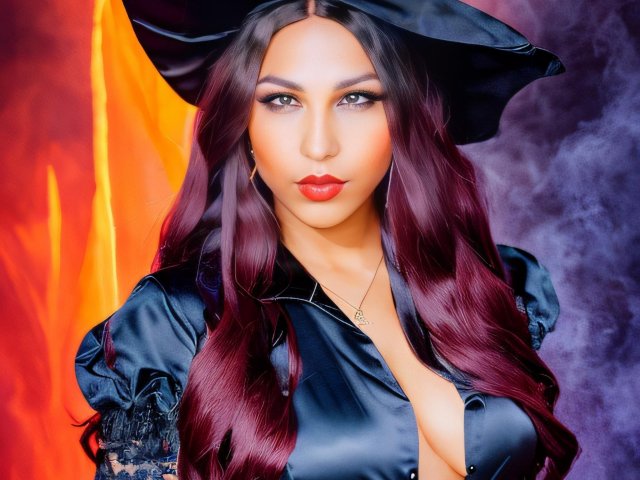 SakuraRiver, con lunghi capelli lucidi di colore viola-rosso, indossa un cappello da pirata nero in raso e una camicia abbinata, che mette in mostra il décolleté, con rossetto rosso e un'aria sicura e sensuale. Opera d'arte digitale..