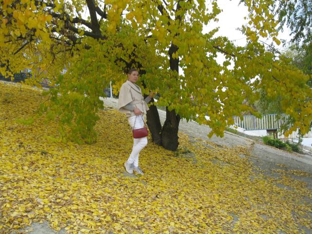 LoveFM-hot with yellow leaves, white pants, and a beige scarf, holding a red bag, stands under a yellow-leaved tree, her ass slightly visible through her clothes.
