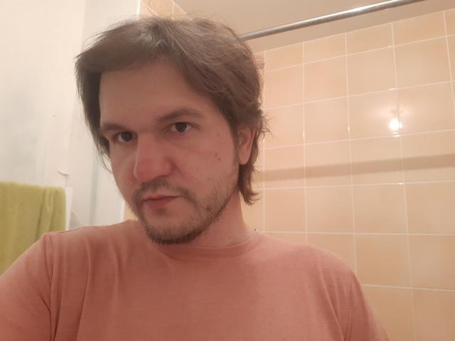 NectarineFad has brown, slightly messy hair, a light beard, and a neutral expression wearing a pinkish-tan shirt in a bathroom with beige tiles.