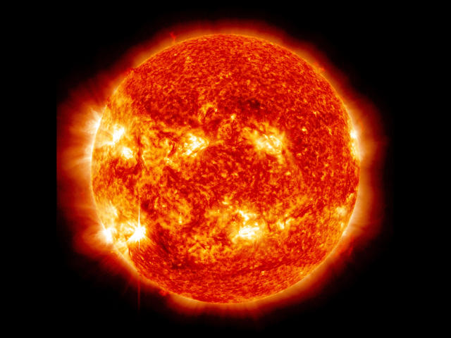 Ornery-ass sun with fiery red-orange surface, bright white sunspots, and glowing edges. Froschhueter-hot is burning up space with its hot, fiery, and textured appearance.