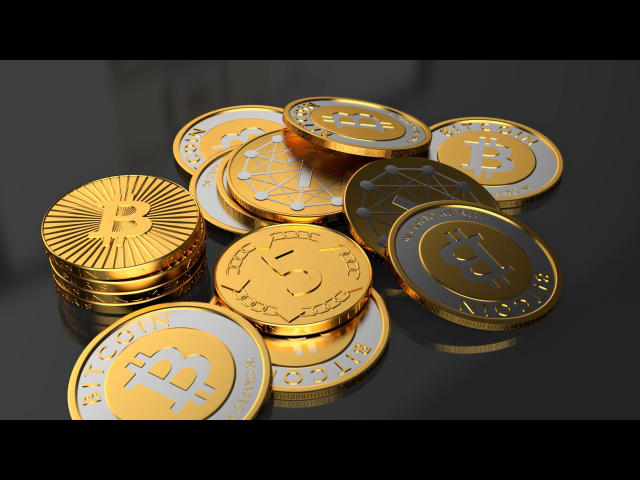 A bunch of shiny gold Bitcoin coins with a Bitcoin symbol, stacked and scattered on a reflective black surface, showing off their ass-like metallic textures.