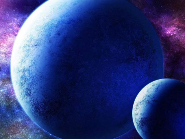 Two big blue ass-like planets with textured surfaces, one large and one small, floating in a starry purple and black space. The smaller planet is in the bottom right.