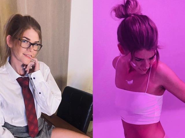 Tara-Secret-hot in glasses, white shirt, red tie, grey shorts, sitting, left image. Tara-Secret-hot in pink tube, white top, ponytail, right image. Boobs visible, arm raised.