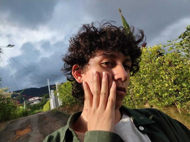  FelipeBrowns with curly dark hair, green shirt, and hand covering face, showing nose and lips, under cloudy sky, holding camera up for selfie, looking slightly sad.