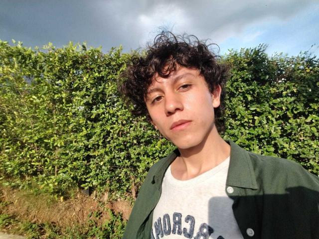  FelipeBrowns with curly black hair, light skin, wearing a green shirt over a white tee, looking slightly bored, standing in front of a green hedge on a sunny day.