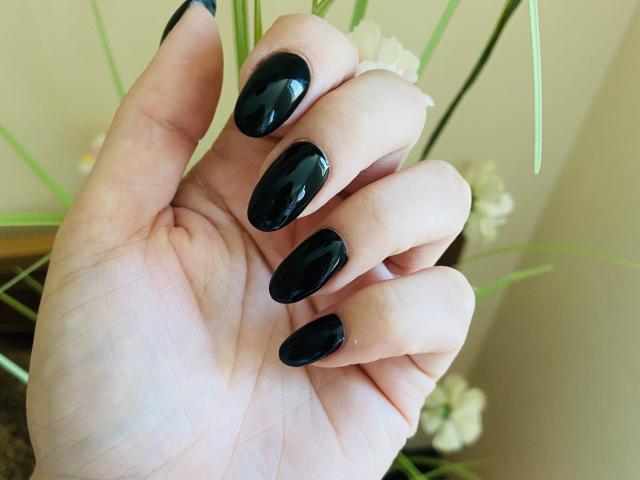 KarKutie's hand with shiny black, oval-shaped nails on a pale skin tone. Nails are glossy, showing slight reflection. KarKutie's fingers are slightly curled, with green plant leaves.