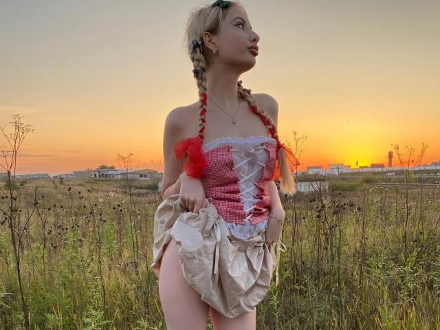ElzaKomx with blonde braids, pouty lips, wearing a pink and white striped corset with red feathers, holding a beige skirt, standing in a grassy field at sunset.