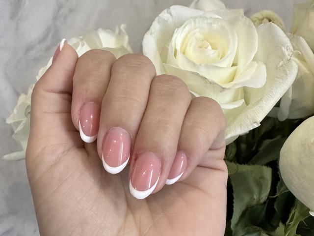 Stefanni's hand with pink and white French manicured nails, holding a white rose. Her nails are glossy and well-trimmed, contrasting with the soft petals.