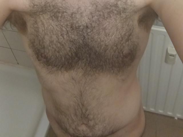 Il petto e il torso di Aure69 sono ricoperti di peli, con un petto e un addome marroni, folti e ricci, che mostrano un piccolo e piatto ventre peloso e senza genitali visibili..