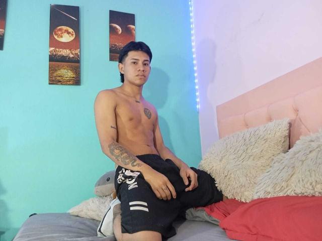 Logannth is shirtless, has tattoos on his right arm, short black hair, and is wearing black shorts with white stripes, sitting on a bed with fluffy pillows.